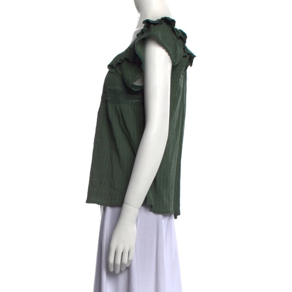 Ba&sh Umma Flutter Sleeve Square Neckline Khaki Green Ruffle Short Sleeve Blouse - Picture 3 of 7